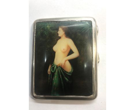 Nude enamel type silver cigarette case hallmarked sterling measures approx 6.8cm by 5.3cm please see images for details