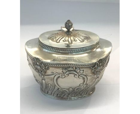 Antique silver tea caddy London silver hallmarks makers William Hutton &amp; sons weight 250g good un-cleaned condition pleas