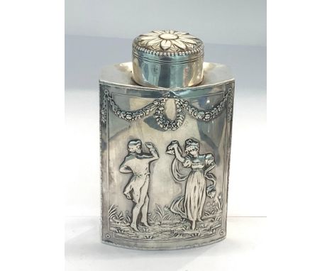 Antique Dutch silver tea caddy embossed courting couple panels weight 173g good un-cleaned condition please see images&nbsp;m