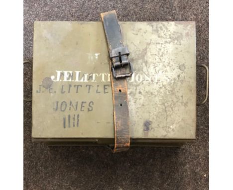 WWII 1941 military metal tin/ small trunk, to Major J E Little Jones with original leather strap, approximate measurements: H