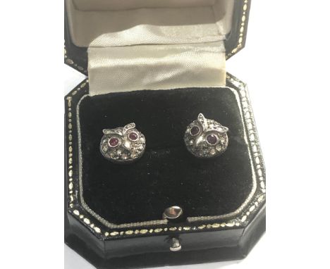 Pair of rose diamond ruby eye owl earrings gold back silver front each measures approx 11cm dia please see images for details