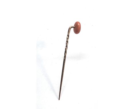 Antique coral bead stick pin coral measures approx 9mm by 7mm with a 9ct gold pin length 57mm 