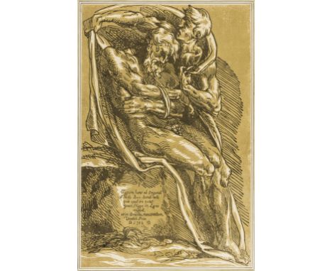 Skippe (John, 1741-1812) Bearded man with arms bound, a young man covering him with a robe, after Baccio Bandinelli, chiarosc