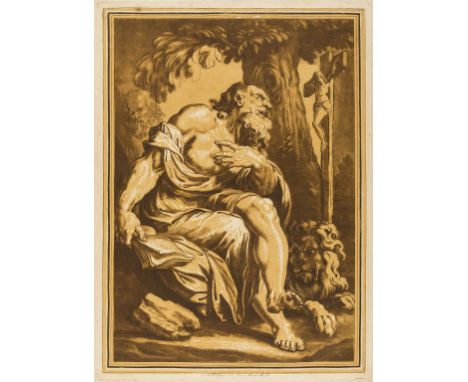 Kirkall (Elisha, 1682-1742) St Jerome in the wilderness, after Paolo Farinati, chiaroscuro woodcut printed in ochre with etch