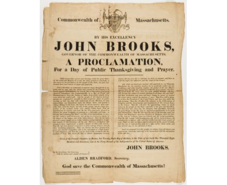 Ephemera.- Commonwealth of Massachusetts... John Brooks, Governor... A Proclamation, For a Day of Public Thanksgiving and Pra