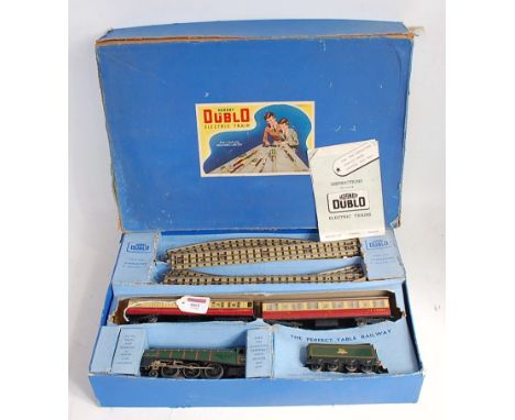 A Hornby Dublo EDP11 train set containing gloss green 'Silver King' engine and tender with test tag, 2 Gresley red/cream coac