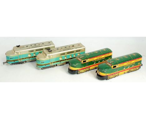 Marx (USA) two diesel 2-car units, electric:- Baltimore &amp; Ohio No 62 turquoise/yellow, both parts show some corrosion (F)