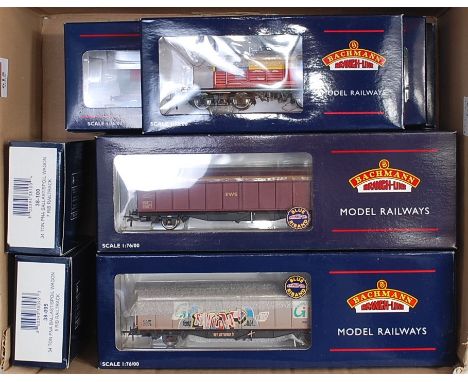 11 Bachmann wagons 5 46 tonne VGA vans (M-BM), 2100 ton bogie tank wagons (M-BM), bogie bolster wagons YAA departmental (BM) 