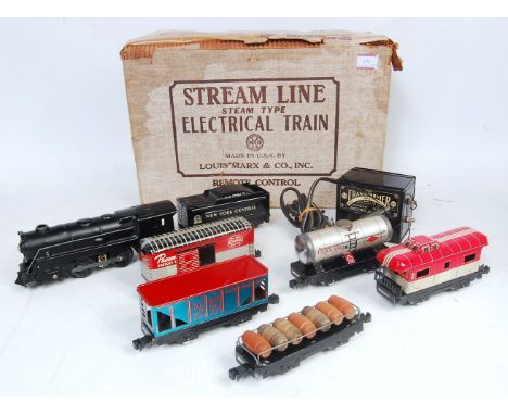 Marx (USA) streamline steam type electrical train set No. 5852 comprising plain black 0-4-0 loco with 4-wheel NYC tender, 7-b