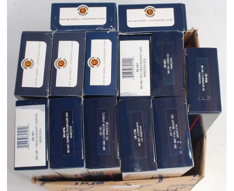 13 boxed Bachmann coaches: 3x Thompson maroon and cream; 2x BR maroon and 8x BR Mk1 maroon including 39251 &amp; 39101 restau