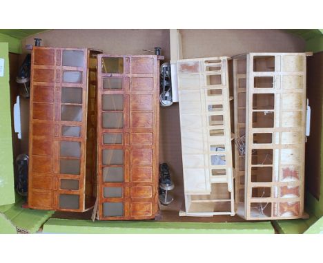 Two large trays 32mm rolling stock, as found in modeller's workshop not all complete, 6x bogie coaches, 2x crane, flat, flat 