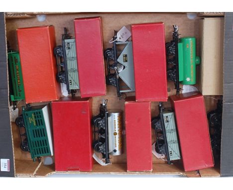 Large tray post-war Hornby wagons including No. 1 Manchester Oil, BR hopper, BR open, No. 50 McAlpine side tipper, No. 1 SR m