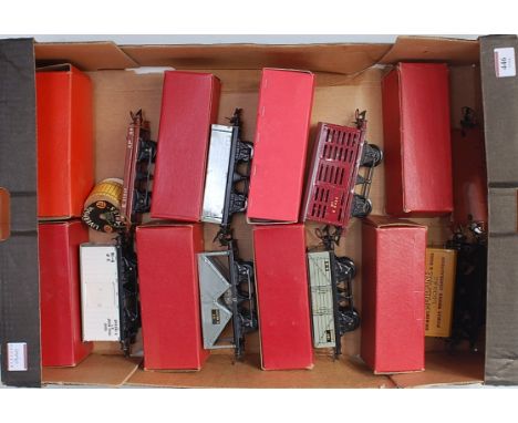 Large tray containing 8 Hornby boxed post-war wagons including No. 1 BR refrigerator, BR hopper, BR wagon with sheet rail, si