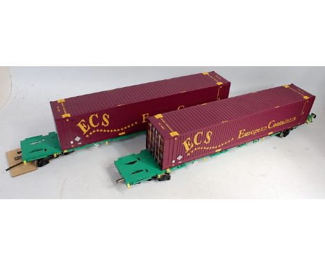 Gauge 1, two Aristo Craft container flats, green, with purple ECS containers (NM) not boxed