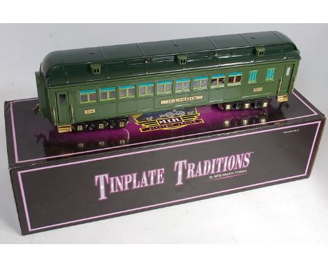 Two items, MTH Tinplate Traditions six wheel state car coach, green 'Illinois', separate sale state car item No. 10-1079 with