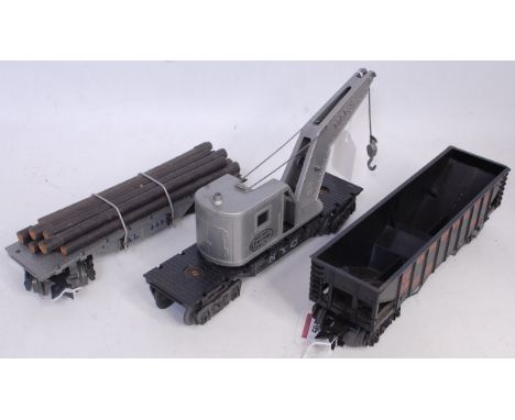 3 items Marx (USA) plastic, bogie, SAL lumber truck, LEHI Valley hopper, NYC crane truck (handle to hoist hook is broken (G)