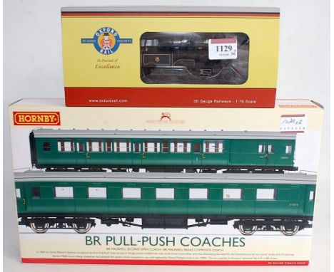 An Oxford Rail BR lined black early crest Adams radial tank engine (M-BM) together with Hornby R4534 BR green Maunsell push f
