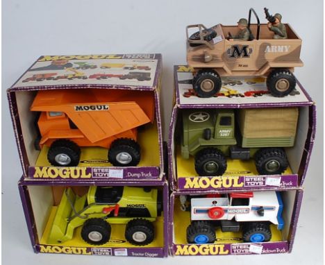 Meccano Mogul toys:- army truck, tractor digger, breakdown truck, all unused (BG) with dumper truck, used (BG) and unboxed Ge