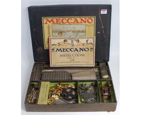 Meccano early nickel outfit No 4 with side plate electric motor, interesting rare small parts box and later manual, well used