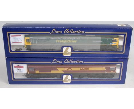 2 Lima Collection class 66 diesel locomotives 66001 EWS maroon/yellow (NM-BM) and 66506 Freightliner green/yellow 'Crewe Rege