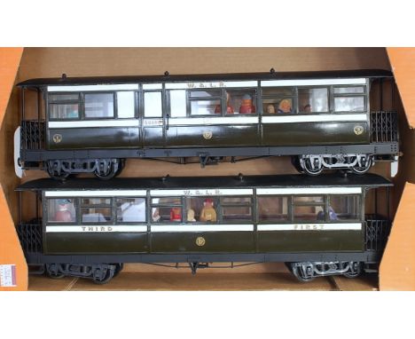 Two W&amp;LR bogie coaches 'G' scale, dark brown, white &amp; black 1st/3rd and comp brake, complete with passengers (VG)