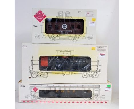 Gauge 1 Three Aristo Craft train wagons, Pennsylvania Bobber caboose, Santa Fe tank car No. 101113, P&amp;LE gondola car, all