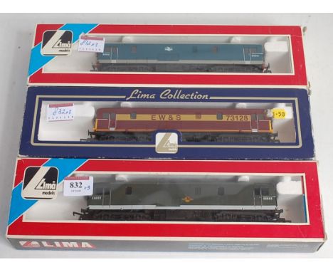 Lima class 73 Bo-Bo locomotives E6003 Brunswick green (NM-BNM), E6012 BR blue grey bottom rail (NM-BG) and 73128 EW &amp; S m