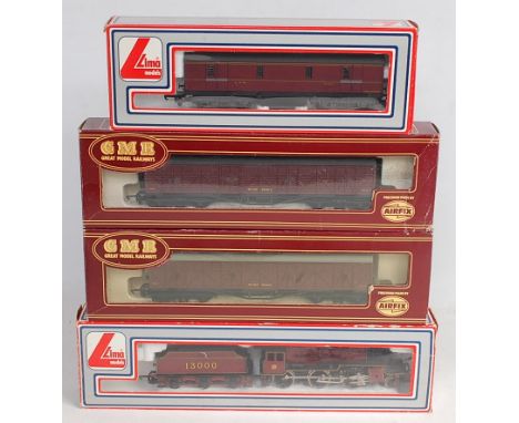 Lima LMS red 'crab' class engine and tender (G-BFG) LMS maroon bogie GUV (G-BG) and 2 Airfix GMR BR siphon vans (G-BFG)