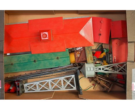Large tray containing American made plastic items, island platform, girder bridge, telegraph poles, lighting tower, water tow