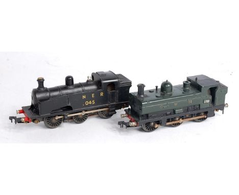 A plastic bodies LNER class J50 tank engine on a Triang chassis maker unknown (F) together with a cast class 57xx pannier tan