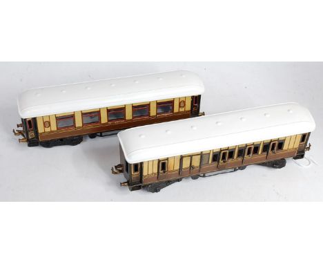 Two Bing GW bogie coaches including coach No. 3295 with hinged repainted roof and fitted with tables and chairs (VG) with bra