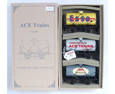ACE Trains ref set 1: 3x tank wagons 'Esso' yellow, 'Mobil Oil' grey, and 'ACE Trains' off-white (M-BM)
