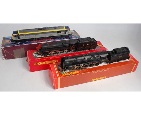 3 Hornby locomotives, LMS black 4-6-0 class 5 engines and tender (G-BP) BR black class 9F engine and tender (G-BGH) and Co-Co