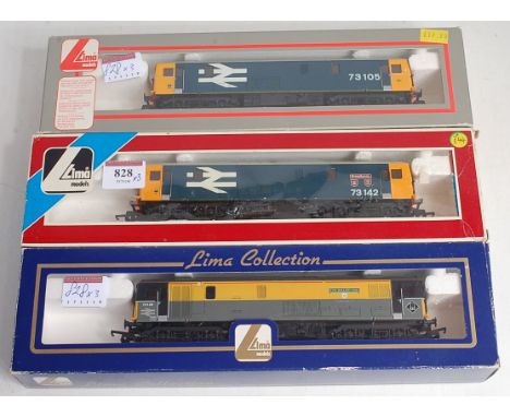3 Lima class 73 Bo-Bo electro-diesel locomotives 73142 large logo 'Broadlands' (G-BG), 73128 Dutch grey 'OVS Bulleid CBE' and