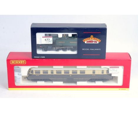 A Hornby R2524 GWR brown/cream 'Flying Banana' railcar No. 29 (M-BM) and sold with Bachmann 32-136 Great Western green prairi