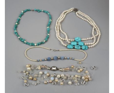 4 pearl, turquoise and stone necklaces