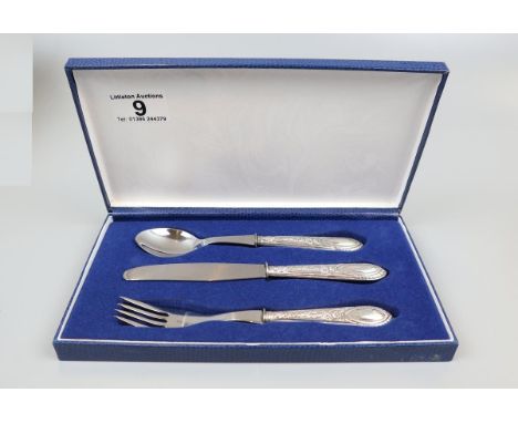 Silver handled knife, fork &amp; spoon christening set