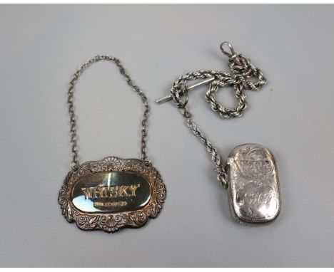 Hallmarked silver vesta case on silver albert chain &amp; silver whiskey decanter collar