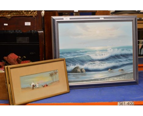 FRAMED OIL ON CANVAS - SEASCAPE, SIGNED ADAMS &amp; 2 SMALL EASTERN STYLE PICTURES     