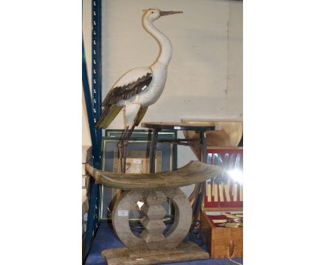 WOODEN AFRICAN STYLE HEAD REST, TILE TOP WROUGHT IRON OCCASIONAL TABLE &amp; NOVELTY METAL BIRD DISPLAY     