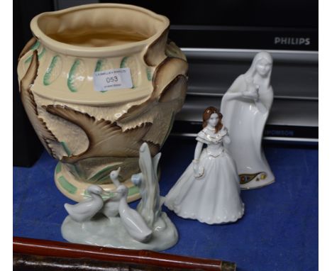 BURLEIGH WARE VASE, COALPORT FIGURINE, IRISH FIGURINE &amp; NAO GOOSE GROUP     