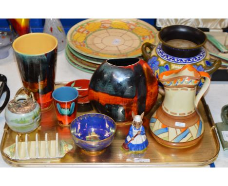 TRAY WITH MIXED CERAMICS, VARIOUS PIECES OF POOLE POTTERY, ROYAL WINTON TOAST RACK, NORITAKE VASE, MYOTT JUG ETC     