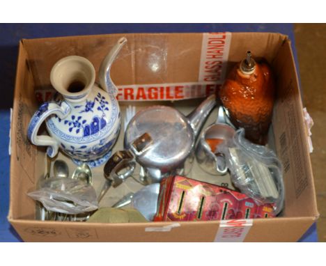 BOX WITH EASTERN STYLE BLUE &amp; WHITE JUG, BIRD DECANTER, PICQUOT WARE TEA SERVICE, LOOSE CUTLERY ETC     