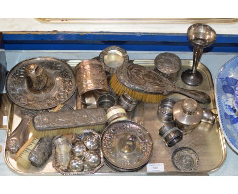 TRAY WITH ASSORTED SILVER &amp; WHITE METAL ITEMS, VARIOUS FOREIGN SILVER PIECES, MEXICAN SILVER, SILVER FLOWER VASE, BRITISH