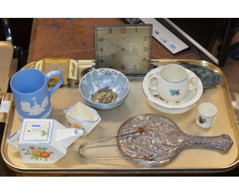 TRAY WITH WEDGWOOD CHRISTMAS TANKARD, DECANTER TAGS, COPENHAGEN BOWL, CLOCKS, SILVER MIRROR, DECO PART TEA SERVICE ETC     