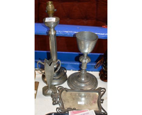 ARTS &amp; CRAFTS BEATEN PEWTER TABLE LAMP, ARTS &amp; CRAFTS BEATER PEWTER BUD VASE, PEWTER FRAMED MIRROR &amp; OLD PEWTER C