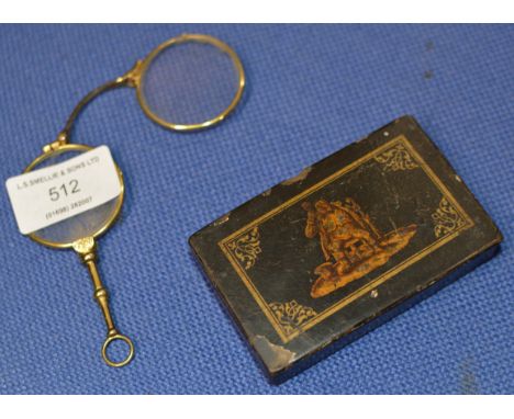 GEORGIAN PAPER-MACHE SNUFF BOX &amp; PAIR OF YELLOW METAL SPRING LOADED LONGETTES     