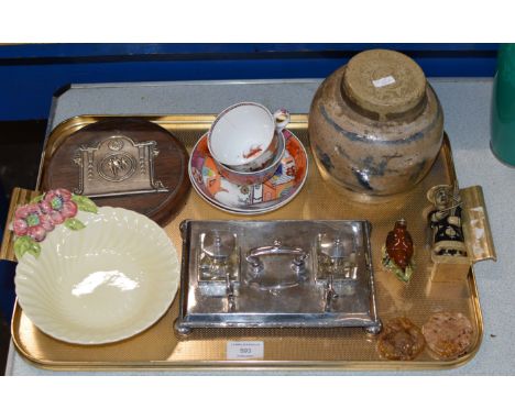 TRAY CONTAINING SPORTS PLAQUE, CLARICE CLIFF DISH, DESK STAND, BESWICK BIRD, ORIENTAL FIGURE, CHINESE JAR ETC     