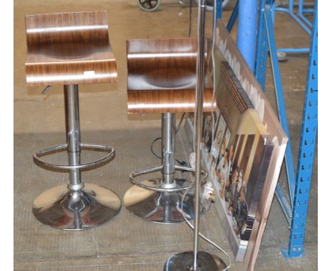 2 MODERN PICTURES, PAIR OF MODERN BAR STOOLS &amp; MODERN FLOOR LAMP     