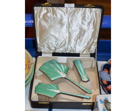 ART DECO GUILLOCHE ENAMEL VANITY SET IN CASE - COMBE MISSING     
